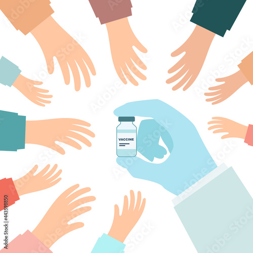 Many hands reach for the hand of a doctor in a medical glove