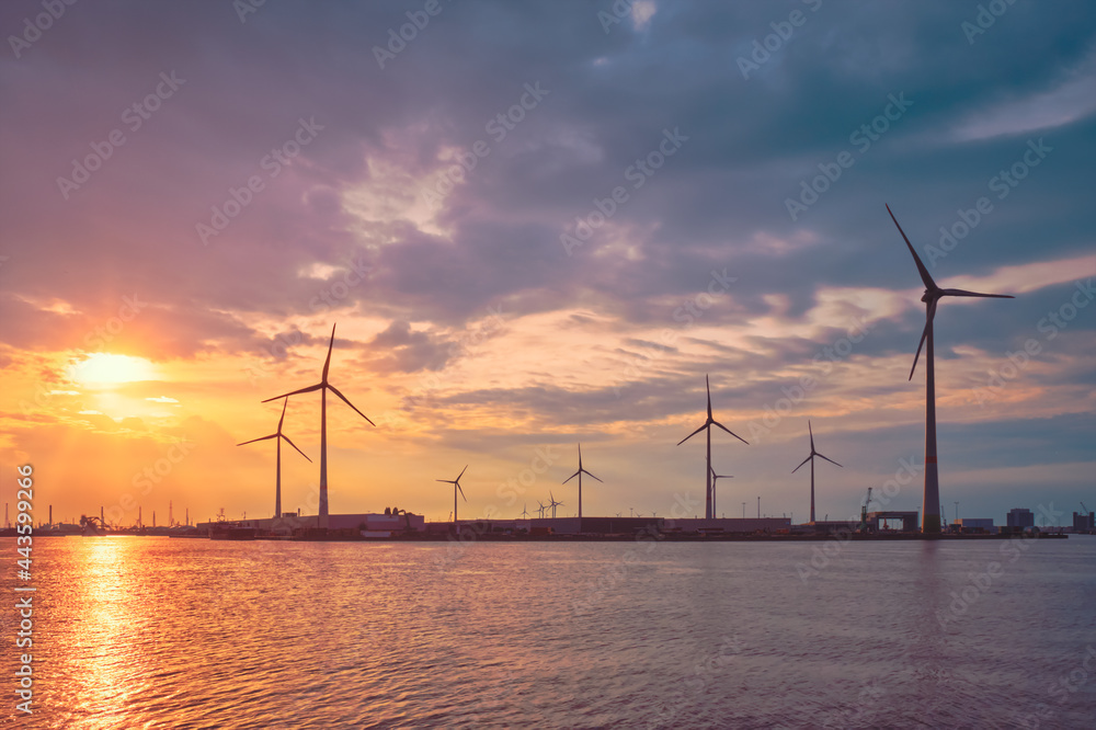 Wind turbines in Antwerp port on sunset. Wind turbines in Antwerp port on sunset.