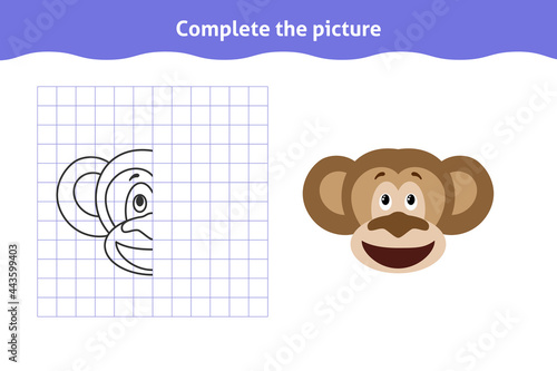Complete the picture. Educational game, reflection image for toddlers. Symmetrical worksheet with cute chimp face for kindergarten and preschool. Children pastime, traning for visual perception