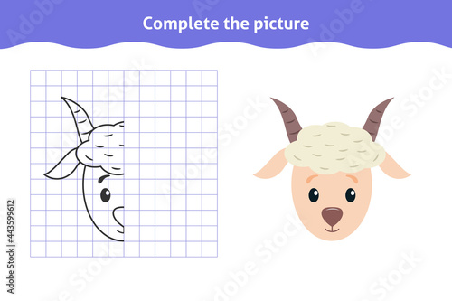 Complete the picture. Educational game, reflection image for toddlers. Symmetrical worksheet with cute goat face for kindergarten and preschool. Children pastime, traning for visual perception