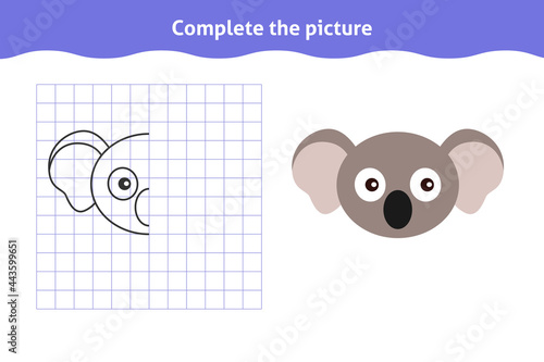 Complete the picture. Educational game, reflection image for toddlers. Symmetrical worksheet with cute koala face for kindergarten and preschool. Children pastime, traning for visual perception