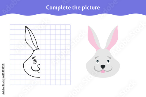 Complete the picture. Educational game, reflection image for toddlers. Symmetrical worksheet with cute bunny face for kindergarten and preschool. Children pastime, traning for visual perception