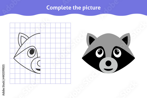 Complete the picture. Educational game, reflection image for toddlers. Symmetrical worksheet with raccoon face for kindergarten and preschool. Children pastime, traning for visual perception