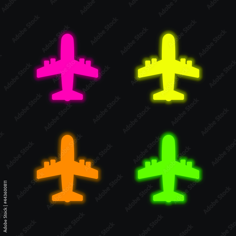 Obraz premium Airplane four color glowing neon vector icon
