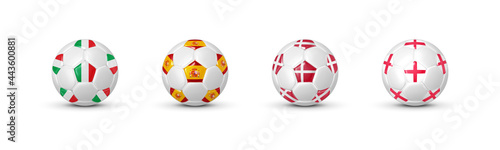 Soccer balls with flags of 4 countries of the best national football teams 2020 - 2021 based on results of the contest in Europe. Italy, Spain, Denmark, England