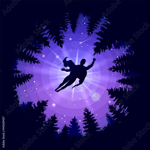 Superhero flies over the forest. Superman saves the world. Forest landscape with a hero. Illustration for cover, advertisement or puzzles. Theme or wallpaper for your phone. Vector illustration. EPS.
