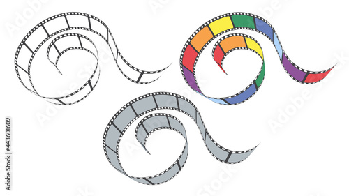 Blank cinema film strip frames of different colors. Film strip for camera or projector in perspective. Design filmstrip for advertisement, brochure, banner, flyer. Vector template for cinema festival.