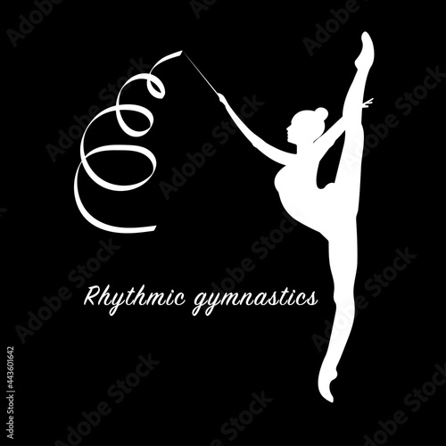 white logo vector silhouette rhythmic rythmic gymnastics girl with ribbon and text