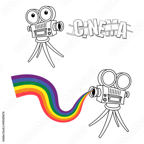 Silhouette of vintage cinema projector on a tripod with multicolor beam. Detailed camcorder with film strip and text. Set of design elements for film festival template, banner, flyer, poster, tickets.