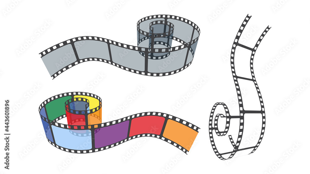 Fototapeta premium Set of multicolor, white, grey film strips for camera or projector. 3D isometric film strip in perspective. Design of cinema elements for festival background, brochure, leaflet, poster, flyer, banner.
