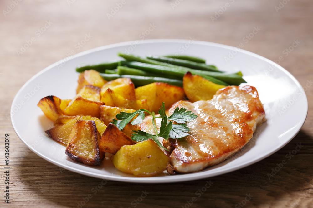 plate of grilled turkey with baked potatoes and green beans plate of grilled turkey with baked potatoes and green beans