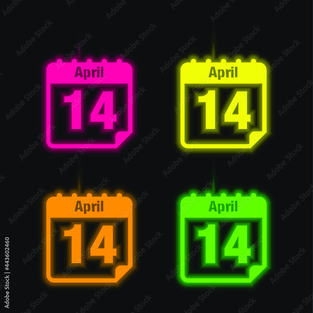 April 14 Calendar Page Day four color glowing neon vector icon