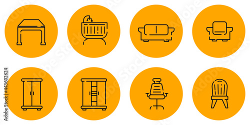 Furniture outline icons set. Set of home furniture, loft table, hallway furniture, wardrobe closet, baby bed, chair, sofa