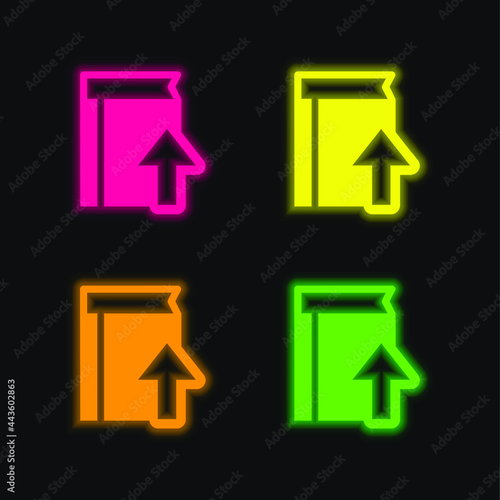 Book With Upload Symbol four color glowing neon vector icon Book With Upload Symbol four color glowing neon vector icon