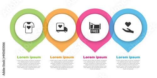 Set Clothes donation, Delivery truck with heart, Free overnight stay house and Heart in hand. Business infographic template. Vector