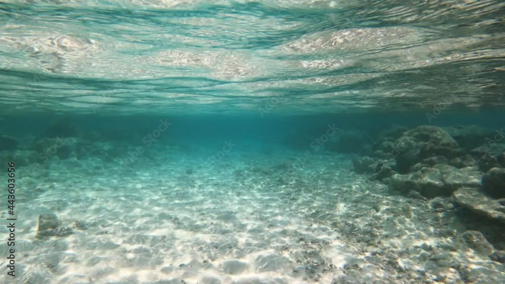 Underwater coral reef and sandy seabed. Sun light beams shining through water surface. Turbid water. Underwater coral reef and sandy seabed. Sun light beams shining through water surface. Turbid water.
