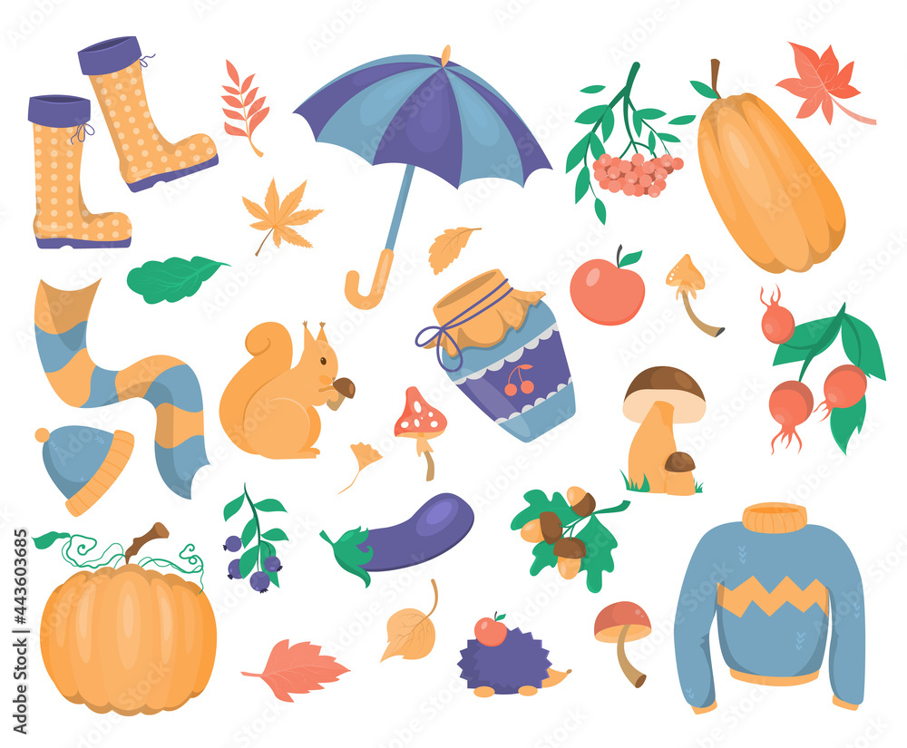 A set of autumn graphic elements on a white background. Seasonal clothing items and autumn leaves with vegetables. Clipart for creating patterns and layouts. A set of autumn graphic elements on a white background. Seasonal clothing items and autumn leaves with vegetables. Clipart for creating patterns and layouts.