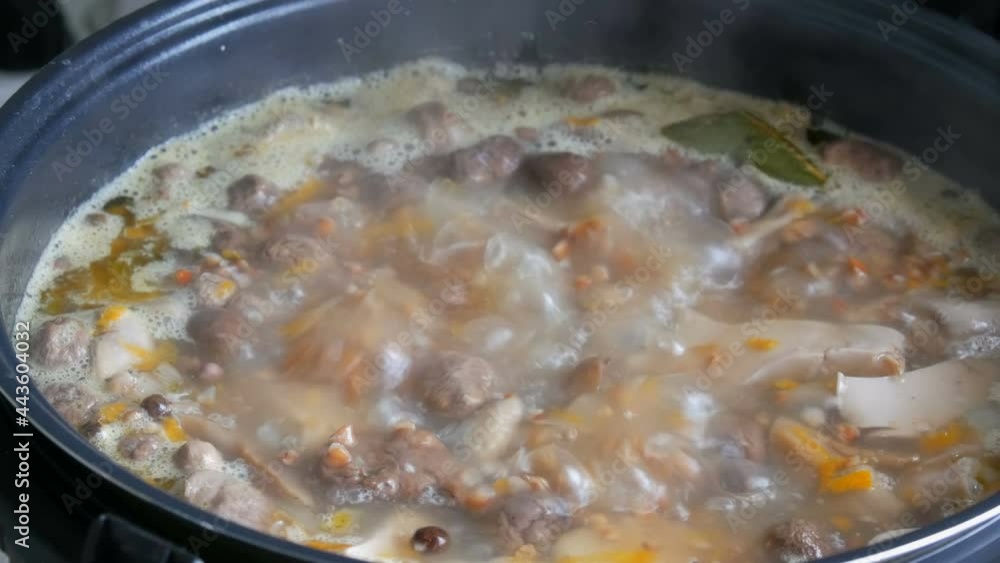 Boiling in pan mushroom soup with carrots bay leaf potatoes and spices close up view Boiling in pan mushroom soup with carrots bay leaf potatoes and spices close up view