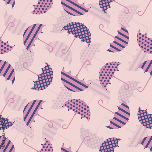 Seamless pattern with bright pink and purple umbrellas. Autumn or spring swatch. Can be used for printing on fabric, wrapping paper, greeting cards, etc. Cartoon vector illustration