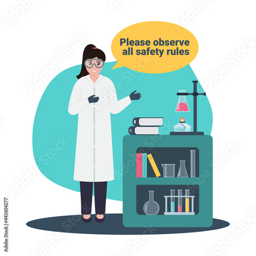 School, college, science chemical laboratory safety concept with young woman in white robe and chemical equipment. Observe safety rules text. Vector illustration