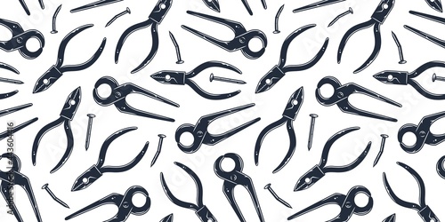 Plier tool. Tongs or pincer for equipment carpentry and repair wood workshop. Seamless pattern