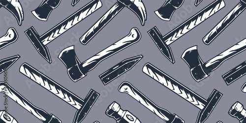 Axe of lumberjack and axeman. Hatchet or sharp ax or hammer for woodworker and logger. Chop tool for print design. Seamless pattern