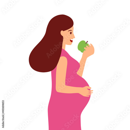 Pregnant woman eating green apple in flat design on white background.
