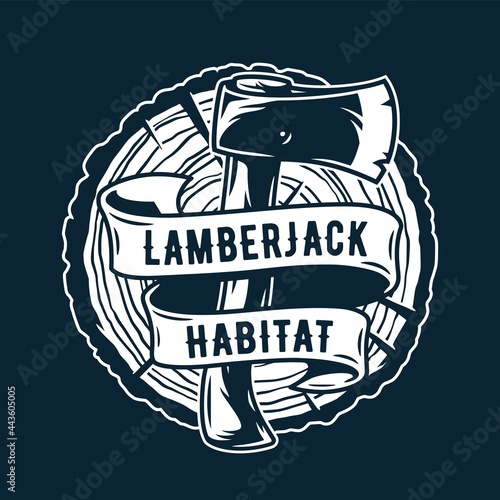 lumberjack axe. Logo, emblem with of axeman. Hatchet or sharp ax for woodworker and logger. Chop tool for print design