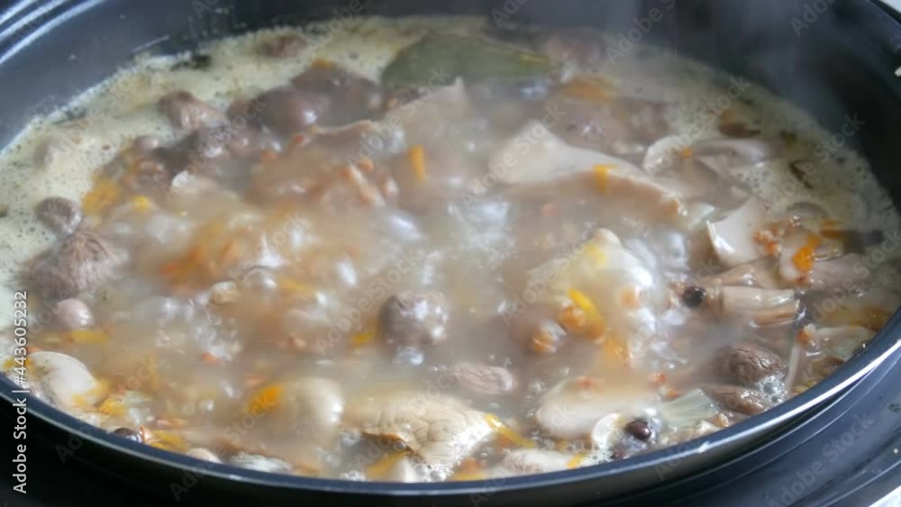Boiling in pan mushroom soup with carrots bay leaf potatoes and spices close up view Boiling in pan mushroom soup with carrots bay leaf potatoes and spices close up view