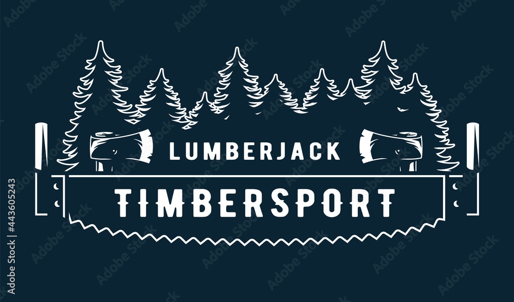 Fototapeta premium Lumberjack wood log with rings and saw for logo and emblem of carpenter. Timber or lumber with hacksawfor t-shirts print design of axeman, woodsman