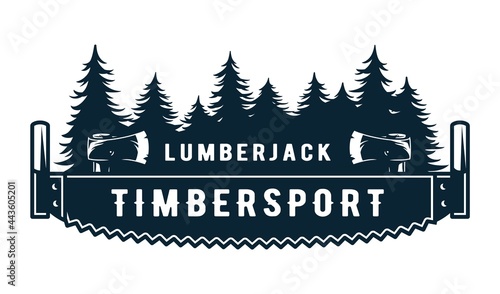 Lumberjack wood log with rings and saw for logo and emblem of carpenter. Timber or lumber with hacksawfor t-shirts print design of axeman, woodsman