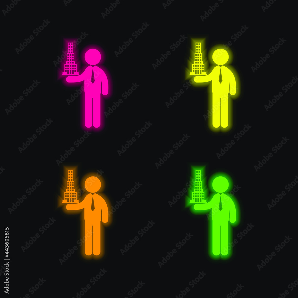 Architect With Building Project four color glowing neon vector icon Architect With Building Project four color glowing neon vector icon