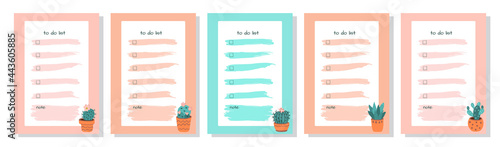 Template for to-do list, schedule, organizer with place for Notes. Set of agenda blank lists for daily planning with cactus illustrations. Vector illustration in doodle style