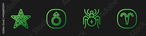 Set line Spider, Pentagram, Mars and Aries zodiac. Gradient color icons. Vector