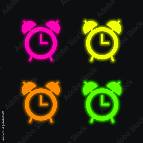 Alarm Clock four color glowing neon vector icon