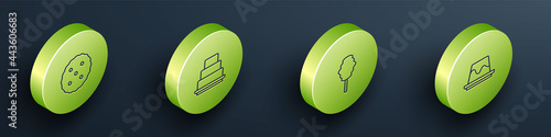 Set Isometric line Cookie or biscuit, Cake, Cotton candy and Pudding custard icon. Vector