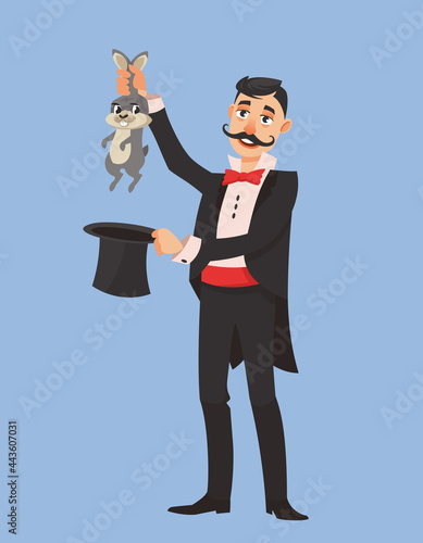 Magician pulling rabbit out of his hat. Male person with long mustache in cartoon style.