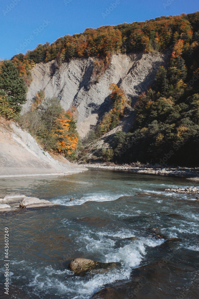 Naklejka premium Picturesque river and rock in The Carpathians, Ukraine