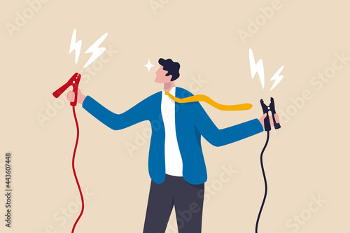 Jumpstart your career, boost or recharge motivation, coaching or mentorship to win business target concept, cheerful businessman manager holding high energy battery jumper ready to jumpstart employee.