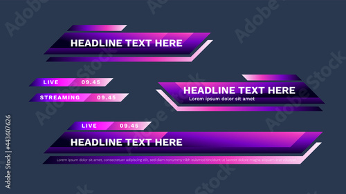 Purple lower third pack with modern colorful. Vector video headline title or television news bar design template isolated on white background.