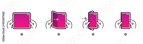 Smart Phone Tablet with Foldable Screen. Step by step folding unfolding manual instructions. Vector Isolated.