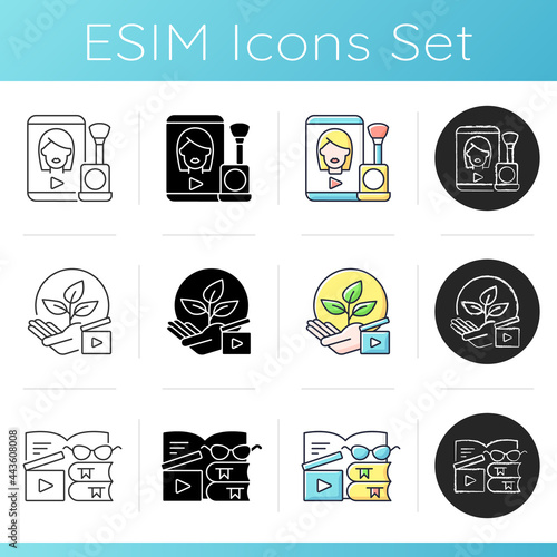 Video online icons set. Make up vlog, beauty tutorial. Environmental awareness videography. Book review. Videography production. Linear, black and RGB color styles. Isolated vector illustrations