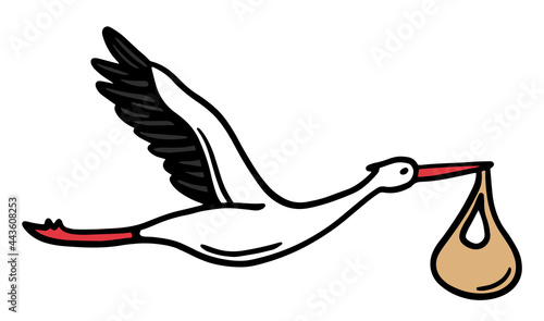 Vector illustration of a stork carrying a child cartoon doodles . hand drawing