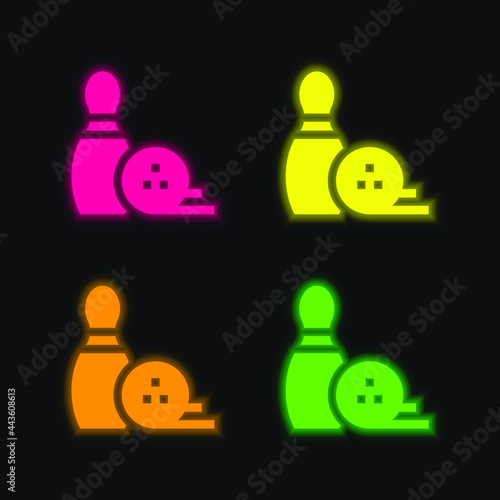 Bowling Pin four color glowing neon vector icon