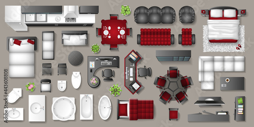 Vector set. Furniture for the bedroom, living room, kitchen, office, bathroom. Top view. Double bed, desk, sofa, wardrobe, bath, sink, chair. View from above.
