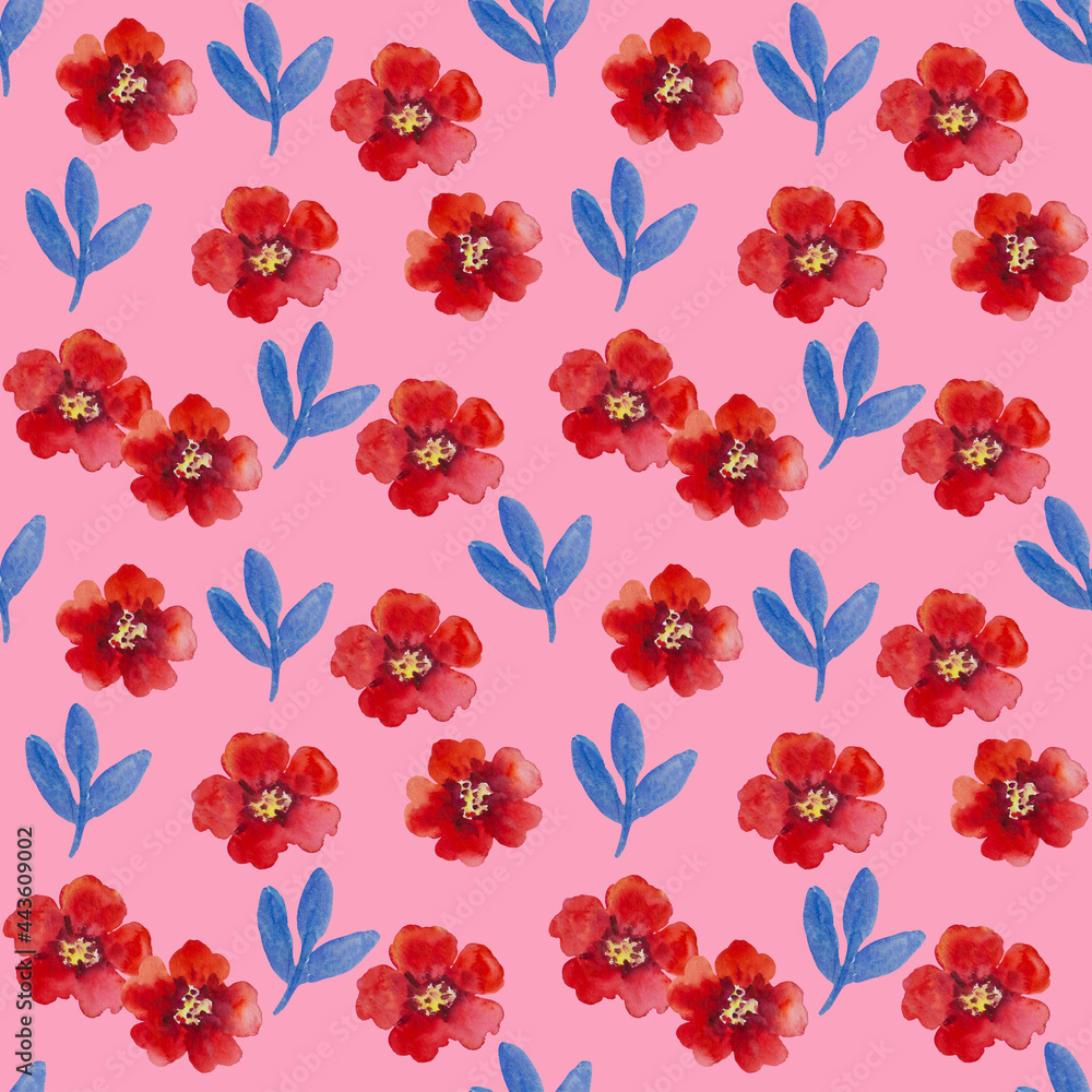 Watercolor seamless pattern with pomegranate flowers and branches. Hand painted illustration. 