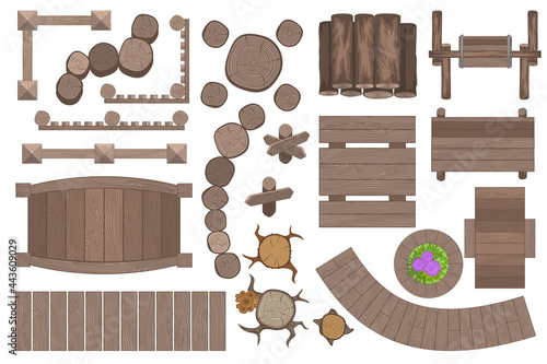 Vector set for landscape design. Wooden elements for the park, garden. Top view. Bridges, paths, fences, furniture, hemp. View from above.