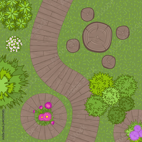 Vector illustration. Park with wooden elements. Top view. Landscape design. View from above.
