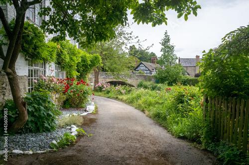 path in the park with timber frame house