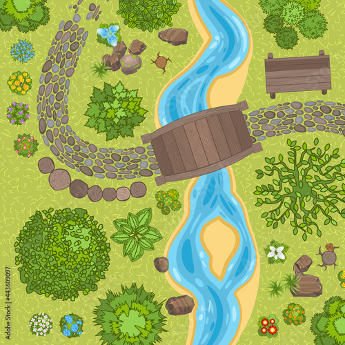 Vector illustration. River with a wooden bridge in the park. Top view.
